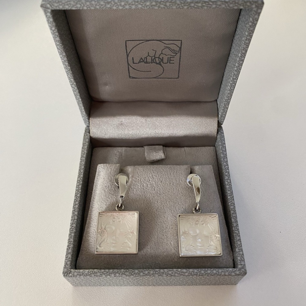 Lalique Aréthuse Masque de Femme Drop Earrings Silver & Crystal Art Nouveau